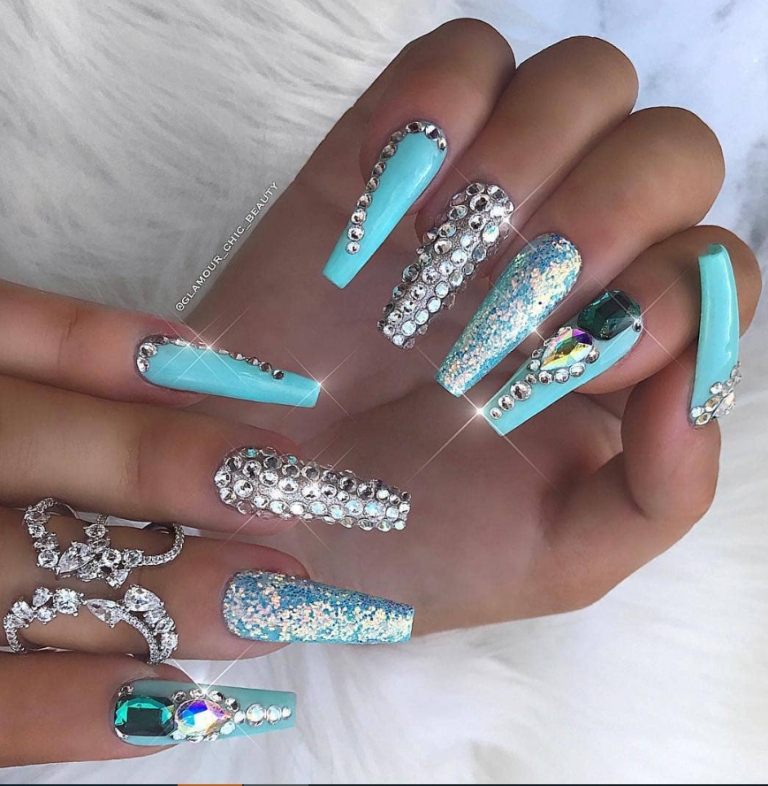50 Fabulous Sparkly Giltter Acrylic Blue Nails Design On Coffin And ...
