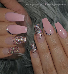 50 Pretty French Pink Ombre And Glitter On Long Acrylic Coffin Nails ...