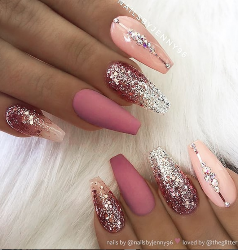 50 Pretty French Pink Ombre And Glitter On Long Acrylic Coffin Nails ...