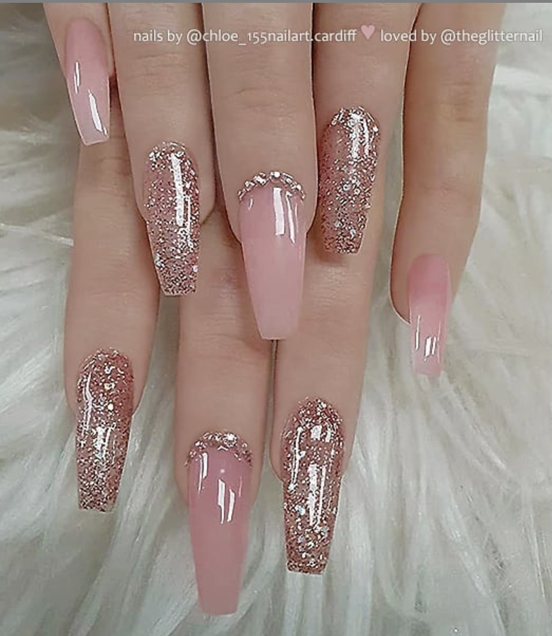 50 Pretty French Pink Ombre And Glitter On Long Acrylic Coffin Nails Design