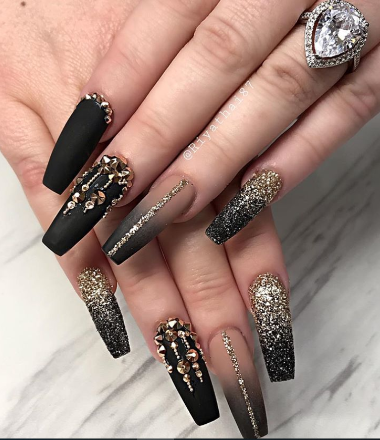 black and red nails with gems