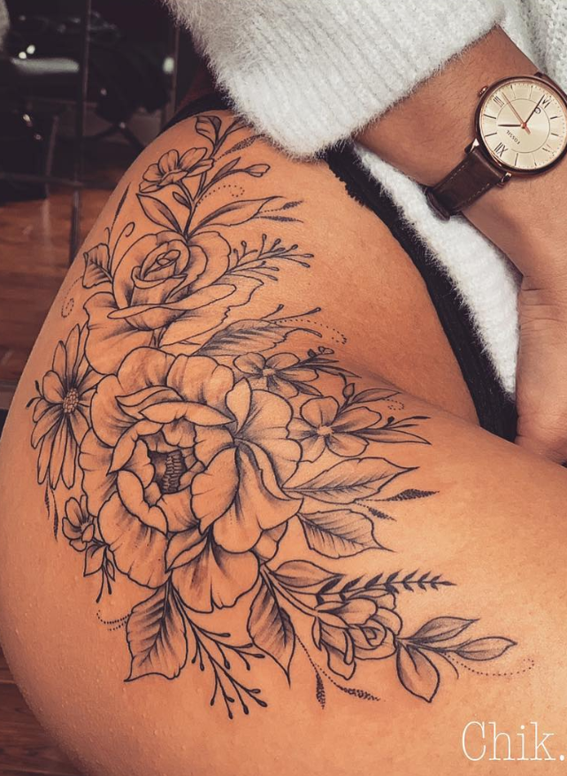 25 Inspirational Flower Hip Thigh Tattoo Design Ideas For