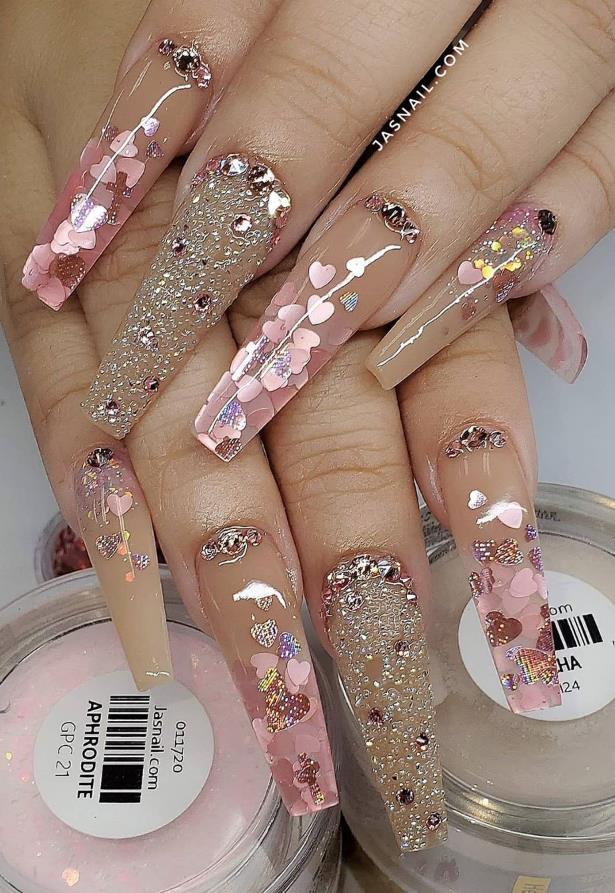 nails coffin acrylic pink valentine nail latest bling fashionsum glitter