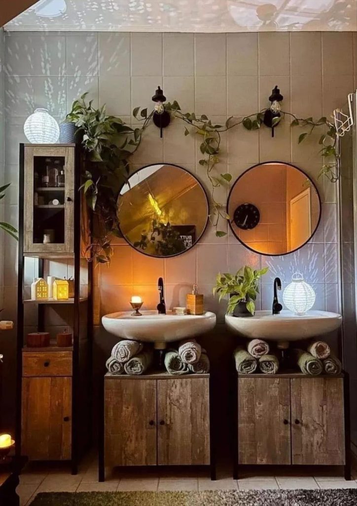 Let's talk about how to decorate the perfect boho bathroom. I noticed some common themes in the bathroom below. They feature houseplants, bamboo wood trim, and teal cabinets or tiles. Keep this in mind when looking for trends in boho bathroom design. Use natural materials and try to keep your decor as unpretentious as possible.