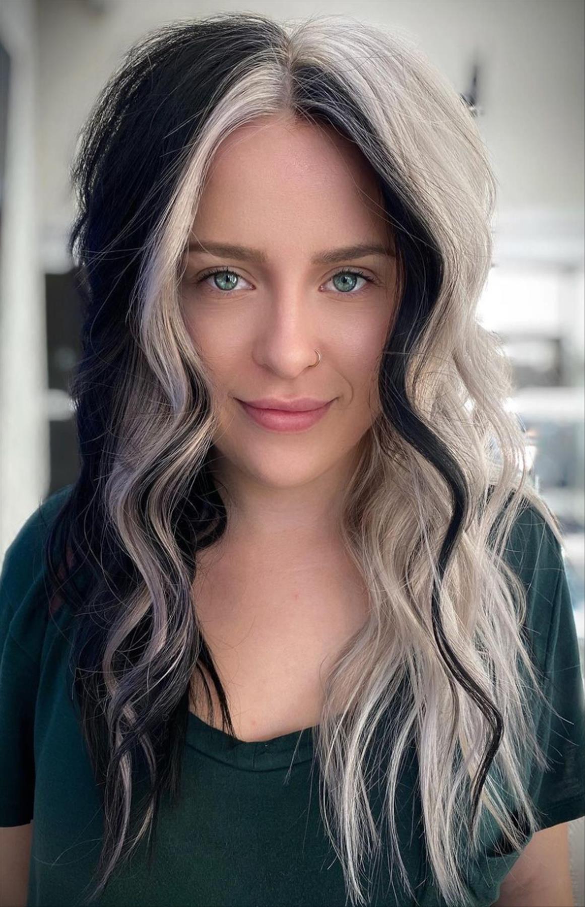 Cool Silver and white highlights on black hair peekaboo hair color looks for brunette