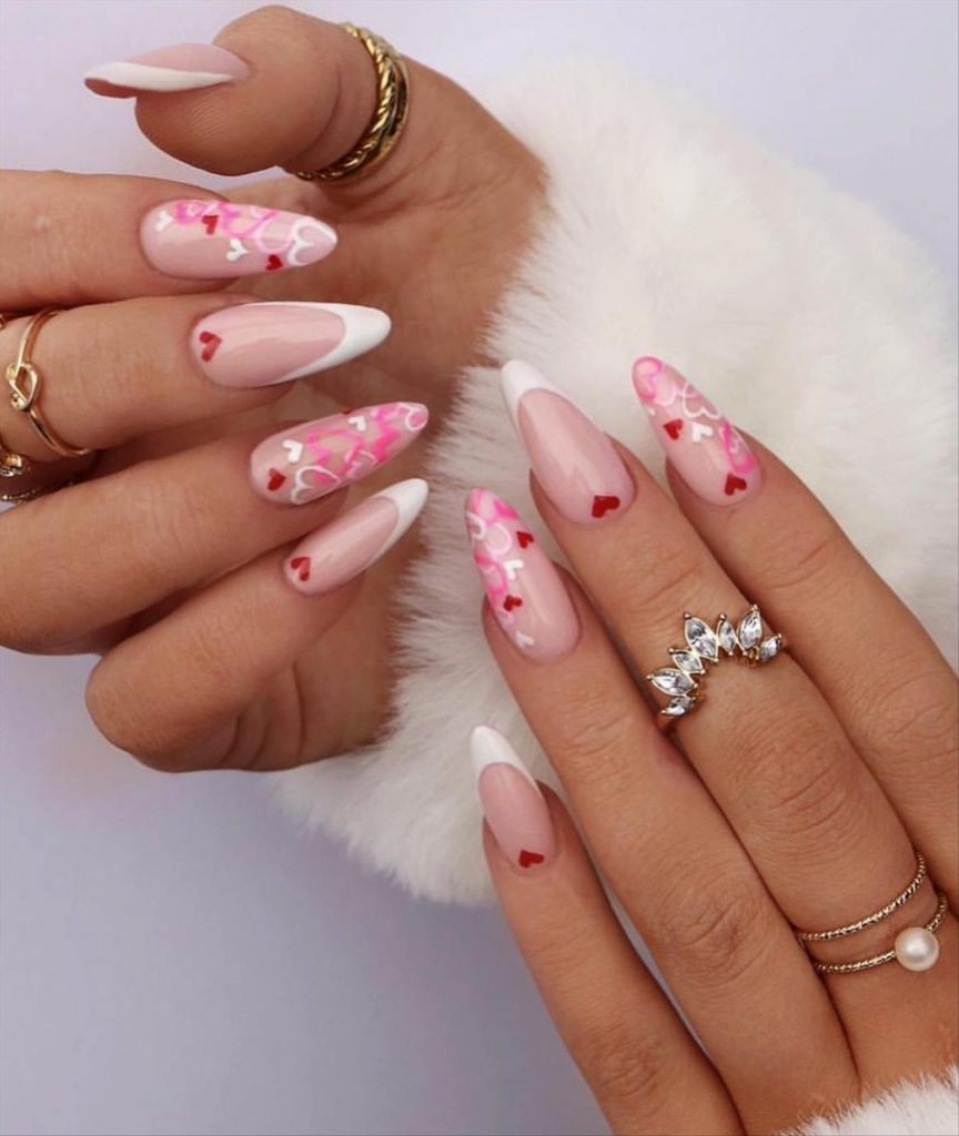 Sweet short Valentine's Day manicures with almond nail shapes