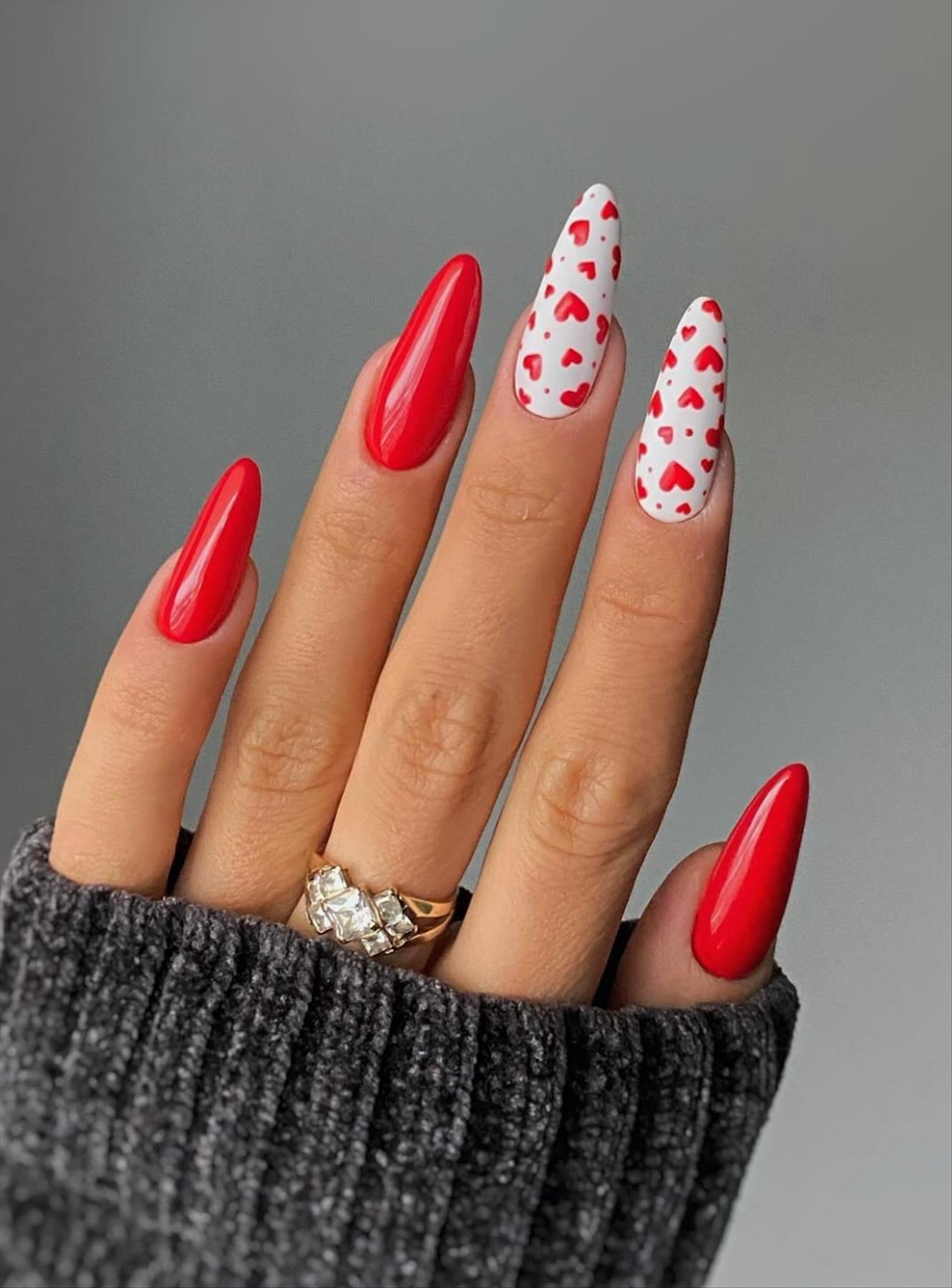 Sweet short Valentine's Day manicures with almond nail shapes